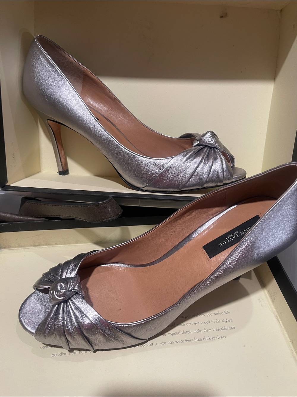 Ann Taylor Silver Satin Peep-Toe Heels with Knot Detail
